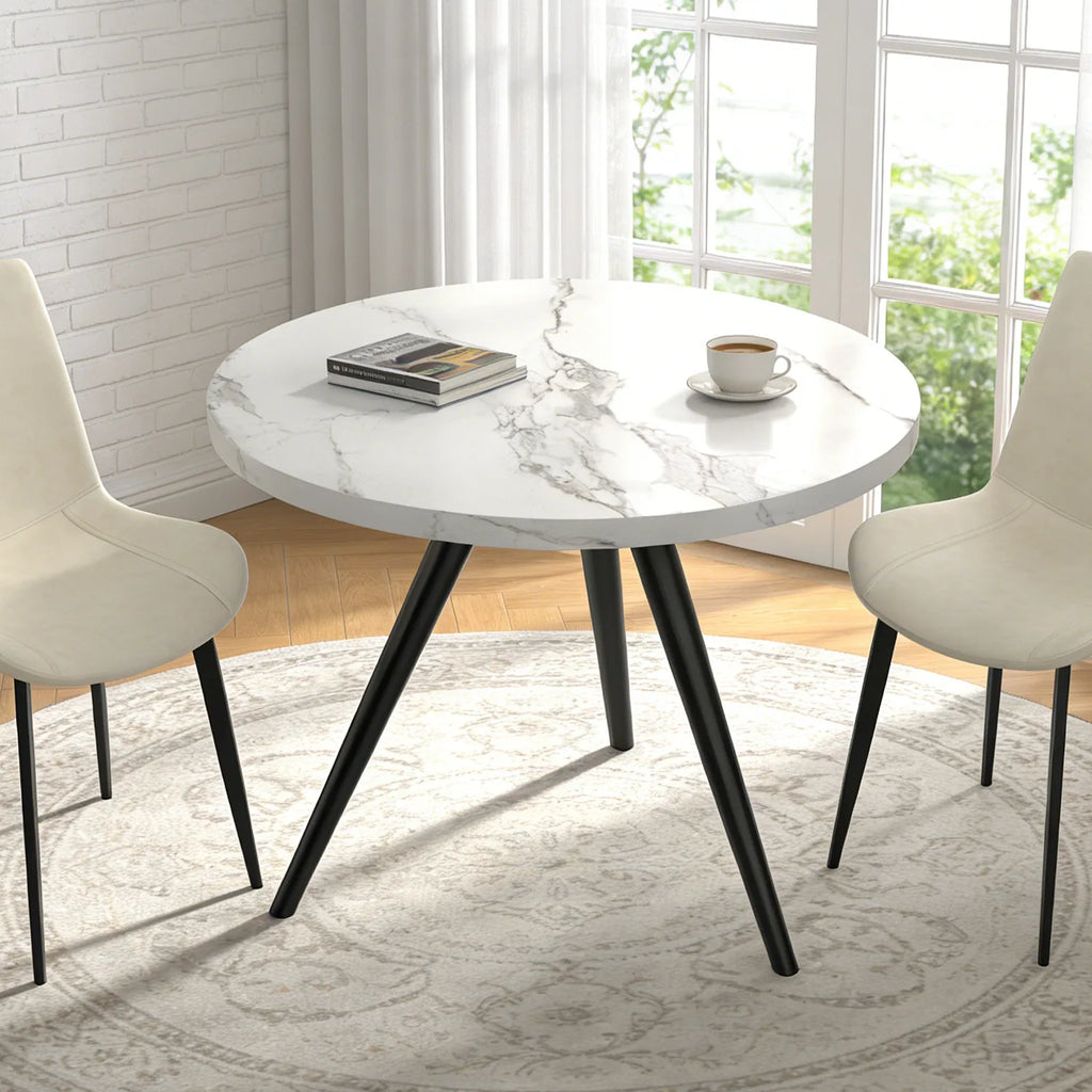 34.8 Round Dining Table Set for 4,5 Piece Mid-Century Modern Dining Set with 4 Upholstered Dining Chairs,Leisure Coffee Table for Kitchen Dining Room, Save Space