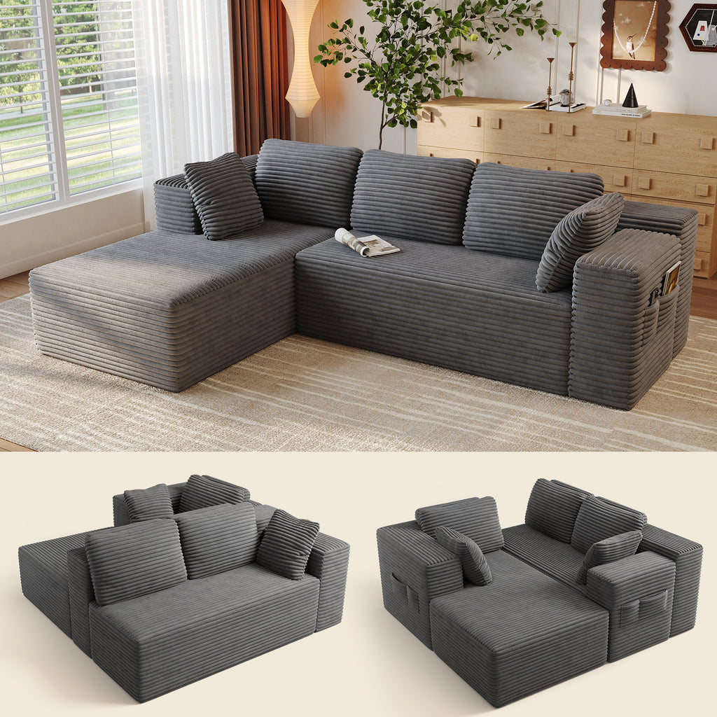 Sofa, Lofka 105 Free Assembly L-Shaped Sectional with Pet Friendly Corduroy Fabric, Black for Living Room/Apartment