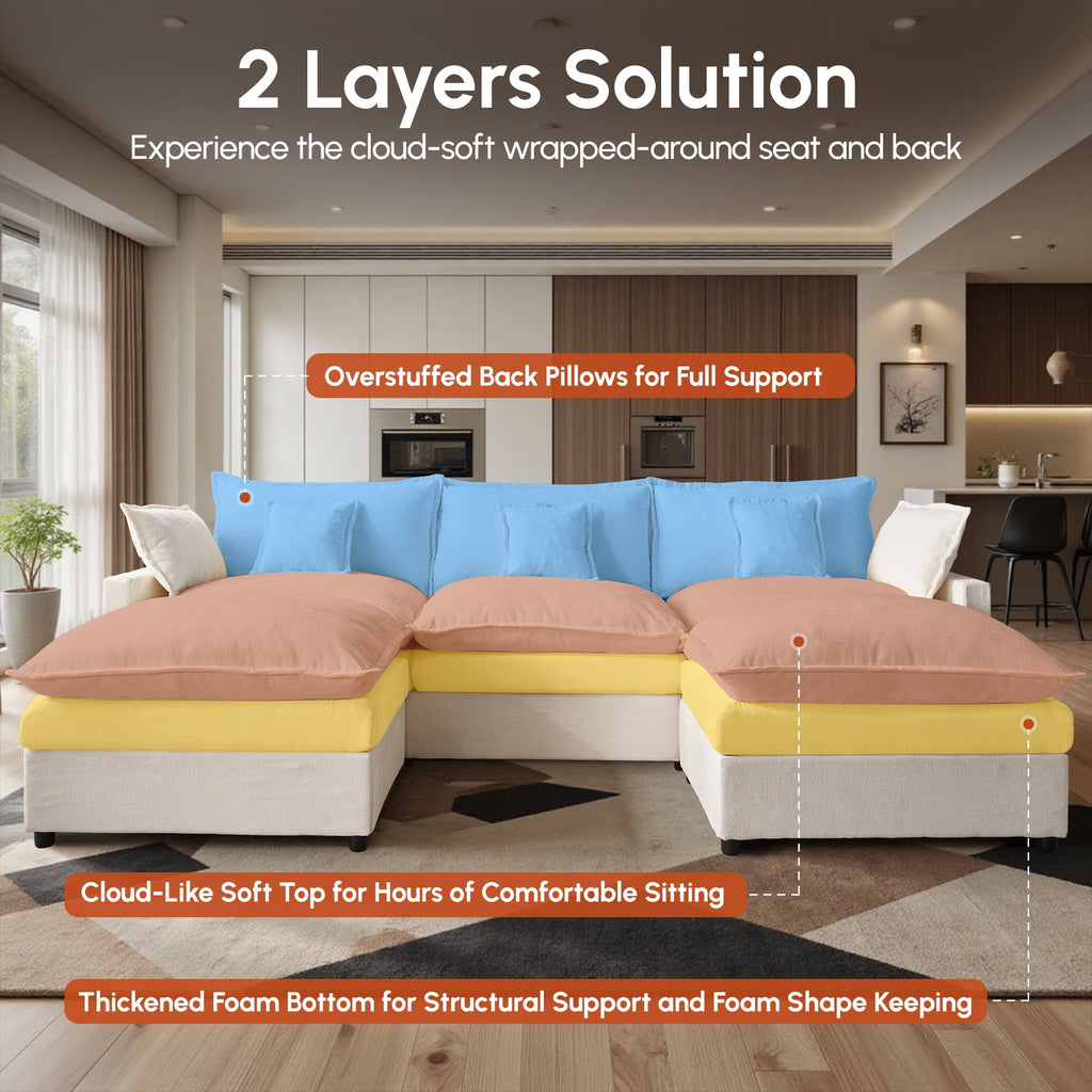 Ovios 108 Modular Sectional Sofa U-Shaped Cloud Couch with 2 Ottomans, Comfy Living Room Furniture, Chenille, Dark Blue
