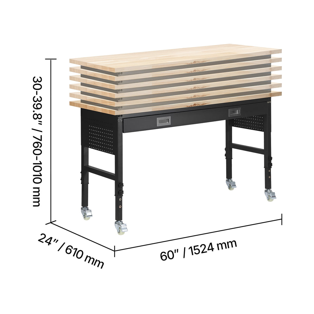 KFFKFF 60-inch Adjustable Workbench with Drawer, Power Outlet, Wheels, and Pegboard, Durable Oak Wood Top Work Table for Garage, Workshop, Office, and Home, Supports Up to 1500 lbs