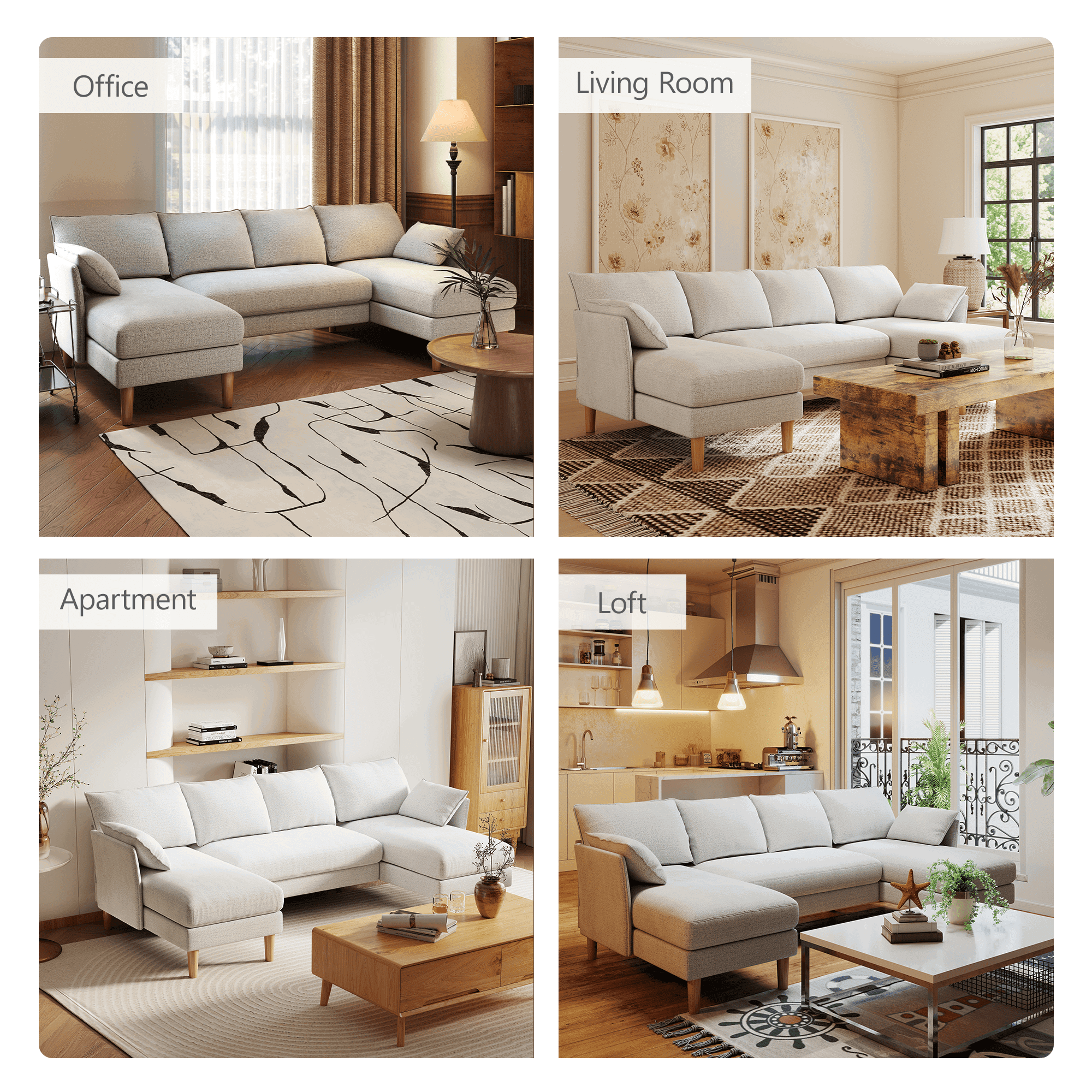 BedLuxury 100 U-Shape Sectional Sofa with Chaise, Chenille Modern Couch with High Legs for Living Room, Apartment, Gray