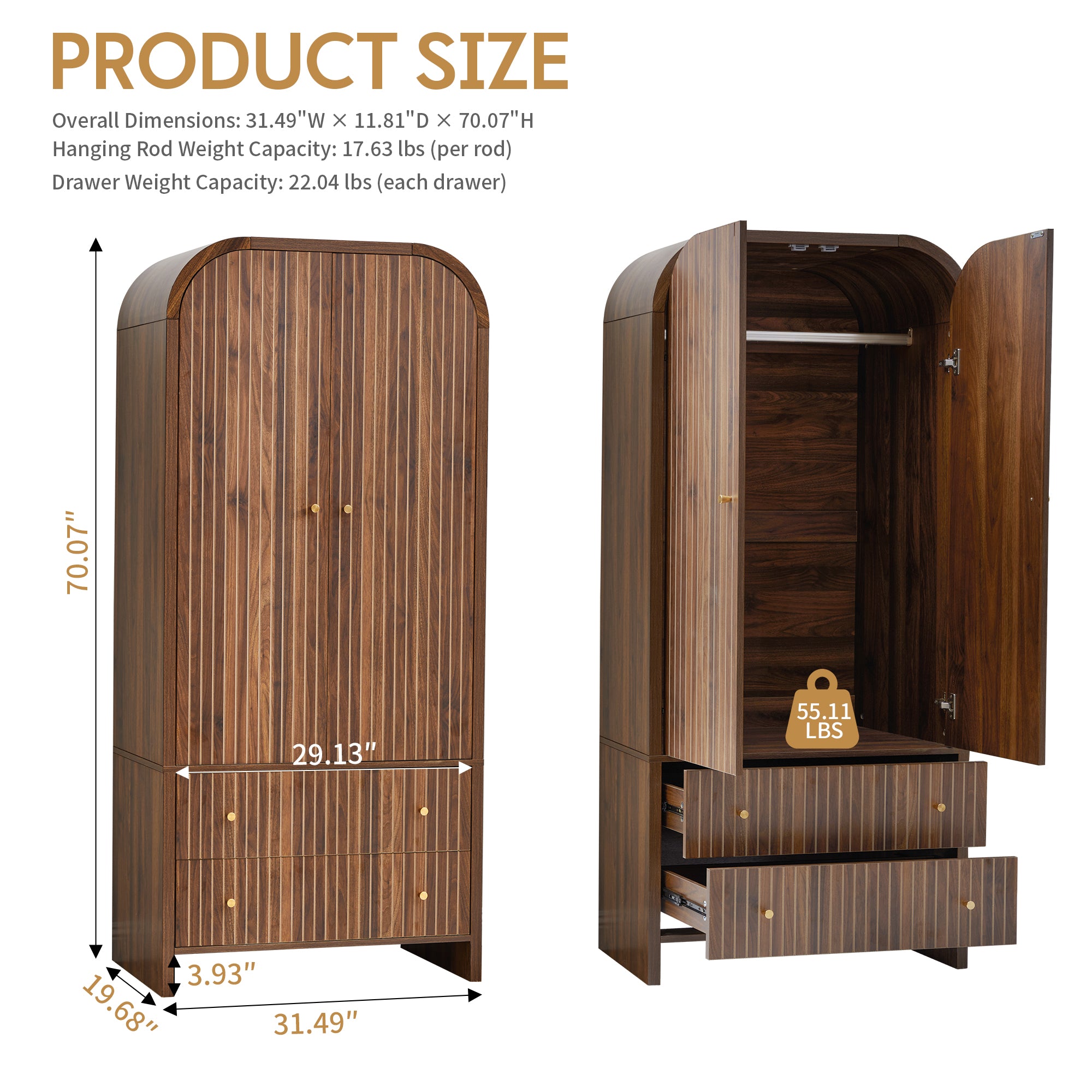 Wirrytor Freestanding Wooden Armoire Wardrobe with 2 Woven Doors and Storage Drawers, Space-Saving Closet Cabinet for Bedroom, Sturdy Mdf Board Closet with Hanging Rail