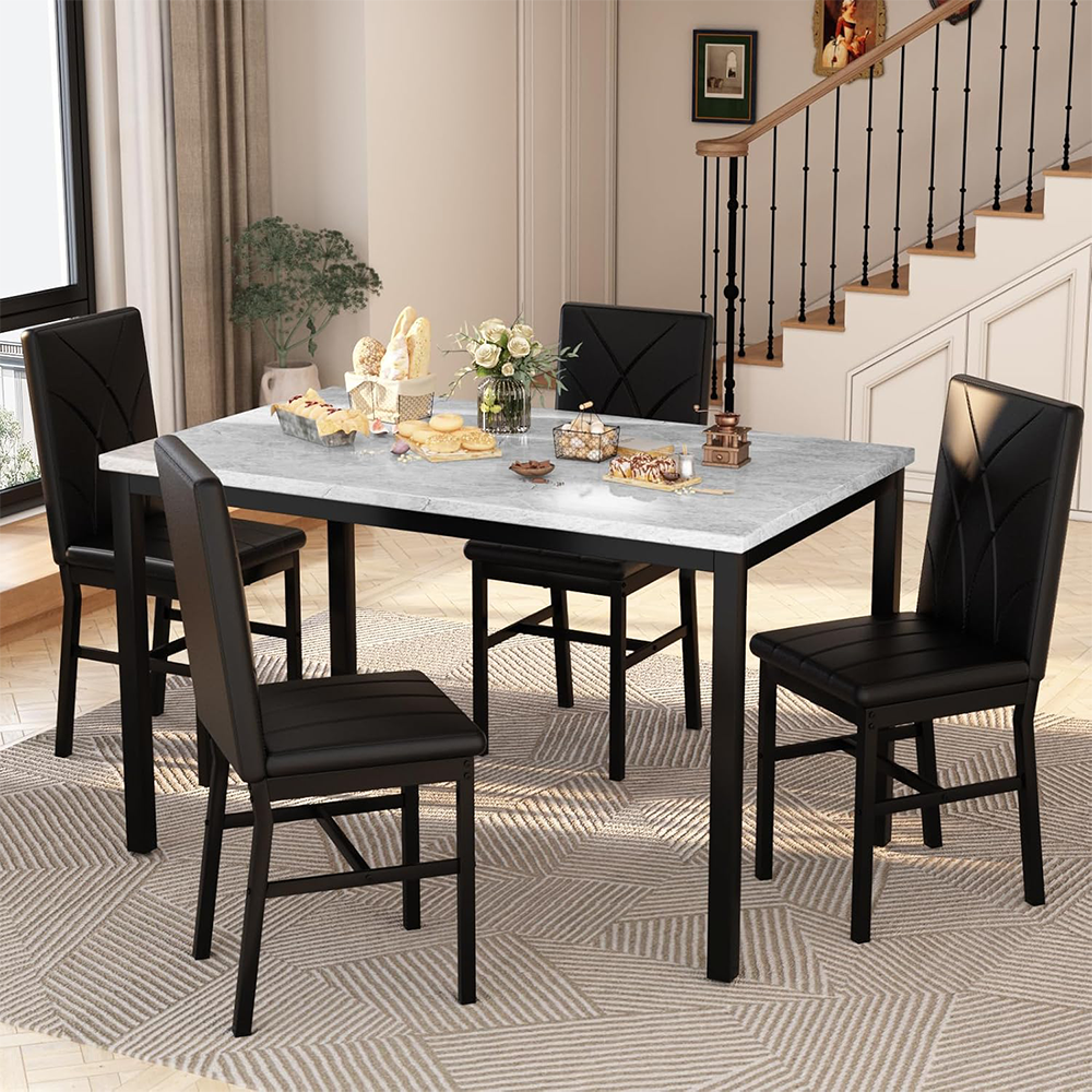 LinkRomat 5-Piece Faux Marble Dining Table Set for 4, Modern Kitchen Table with Chairs, Dinette Dining Room Furniture Set for Compact Space Saving