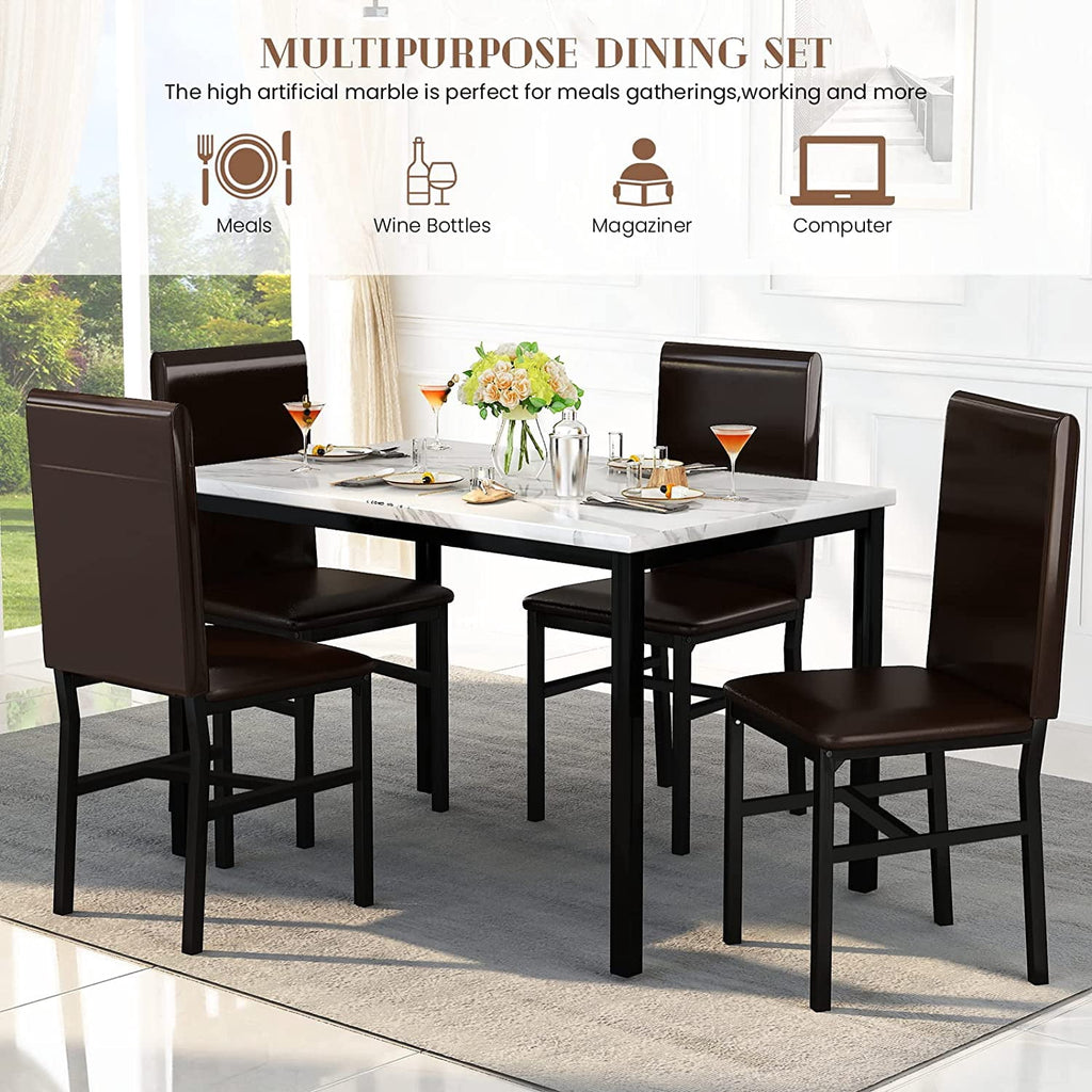 MIERES 5-Piece Dining Table Set for 4, Faux Marble Kitchen Table and 4 Chairs, Modern Dining Room Table with 4 Chairs, Dinner Table Set for Small Spaces, Brown
