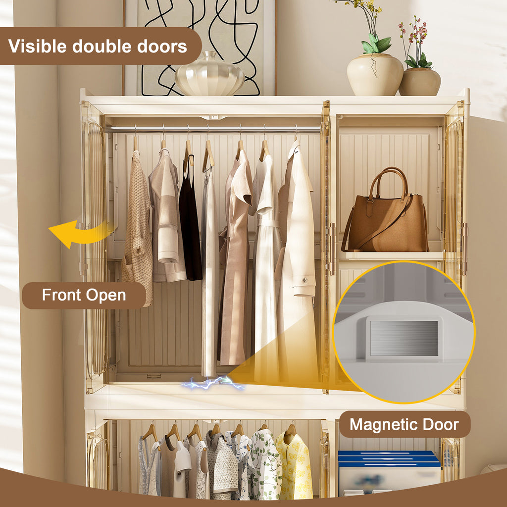 Garmic 62 Foldable Storage Wardrobe with Wheels, Portable Closet Organizer with 6 Magnetic Doors & 2 Hanging Rod, Plastic Armoire for Clothes Toys Books, White