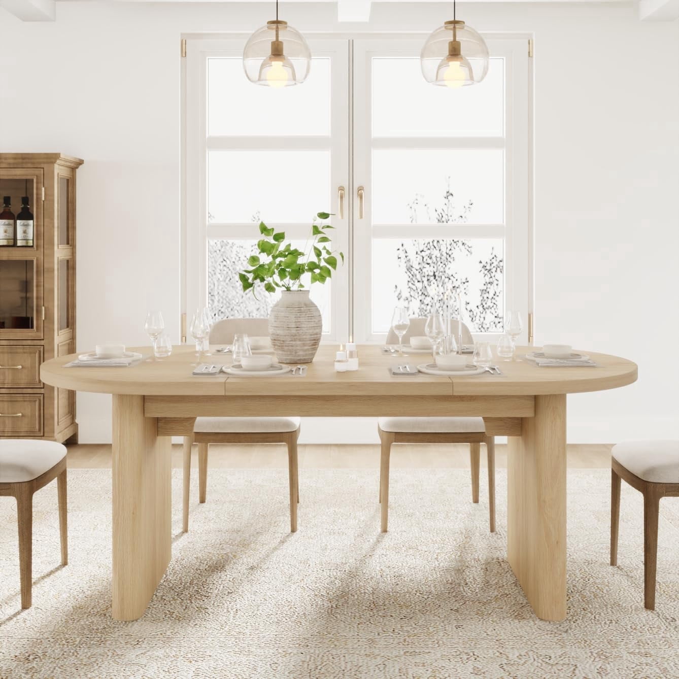 70.8 Inch Oval Farmhouse Dining Table for 6-8 People, Long Large Kitchen Table with Thick Sturdy Wooden Base-Natural