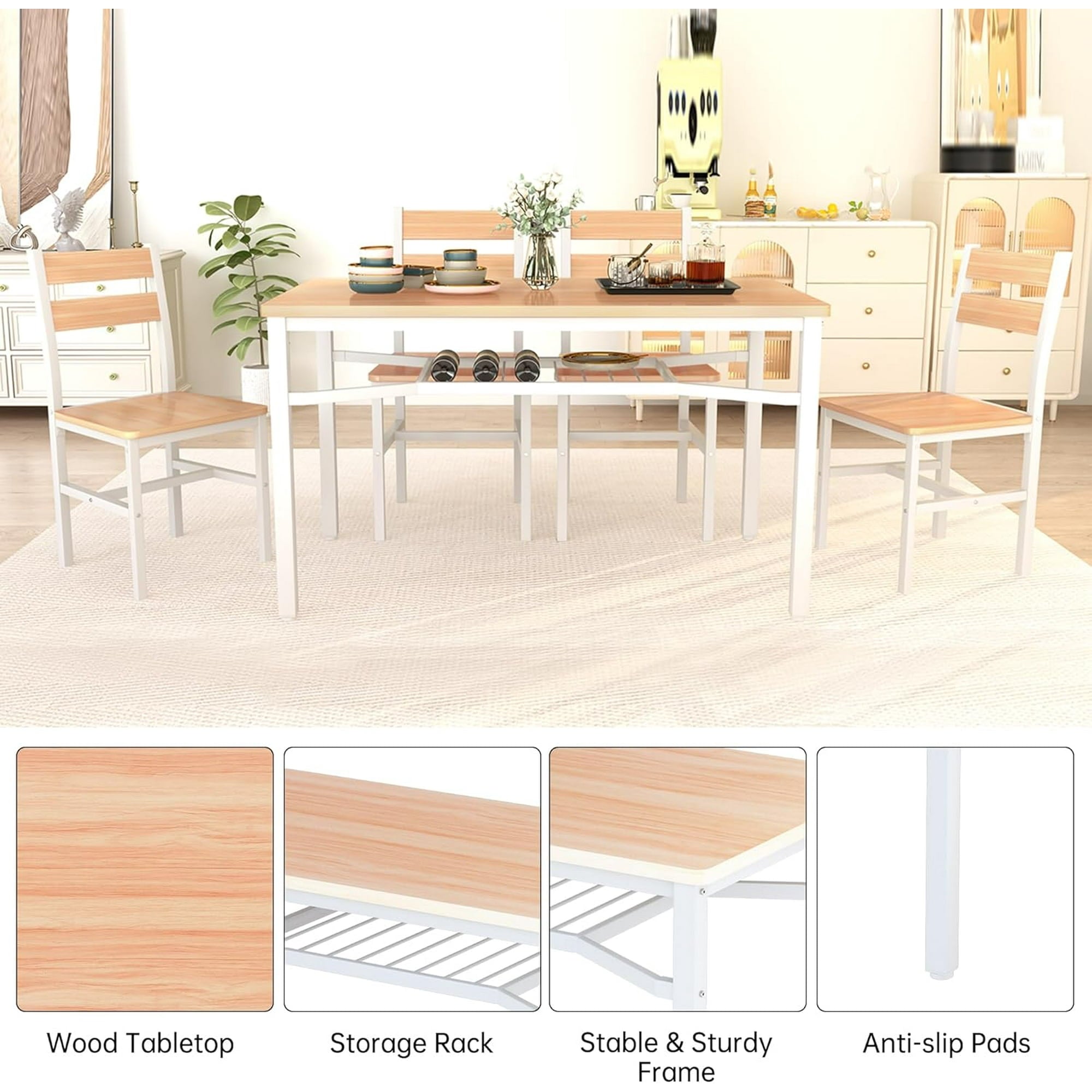 Lamerge 4 Person Dining Table Set, Wooden Dining Table 5 Piece Set with 4 Oak Metal Frame Chairs, Space Saving, Suitable for Apartments, Small Spaces, Kitchens, Breakfast Corners, Espresso Wood C
