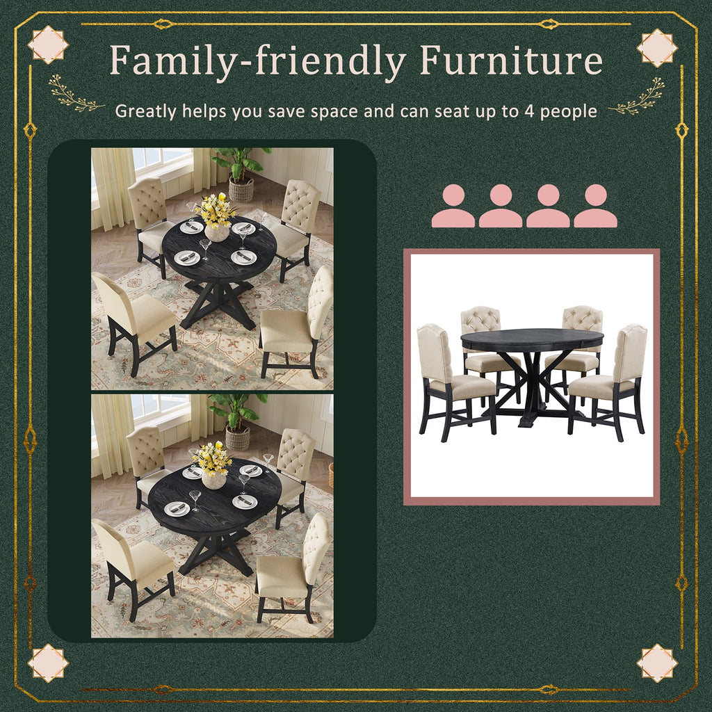 Harper & Bright Designs Extendable Dining Table Set for 4 Upholstered Chairs Functional Retro Style Table for Dining Room Kitchen, Natural Wood Wash