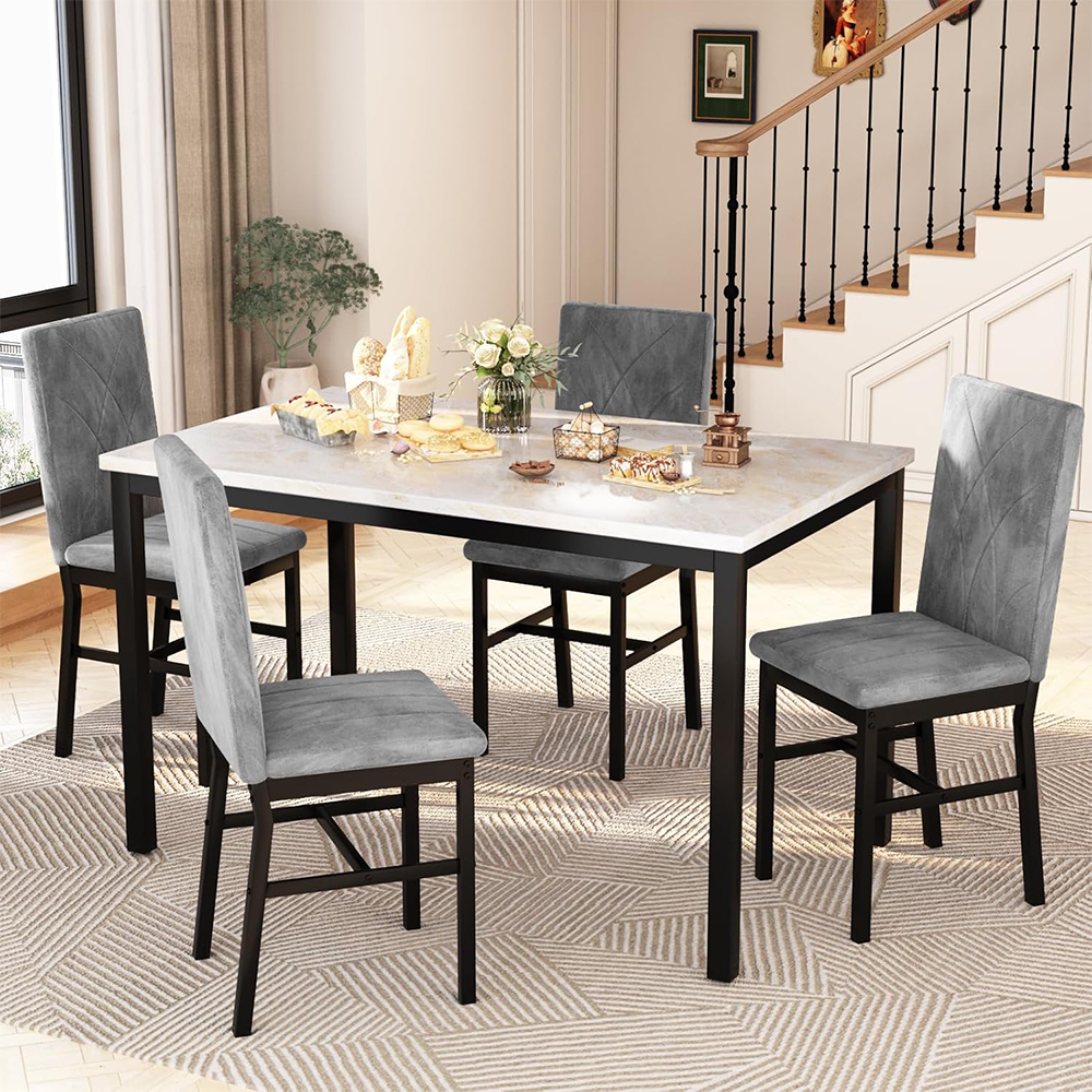 LinkRomat 5-Piece Faux Marble Dining Table Set for 4, Modern Kitchen Table with Chairs, Dinette Dining Room Furniture Set for Compact Space Saving