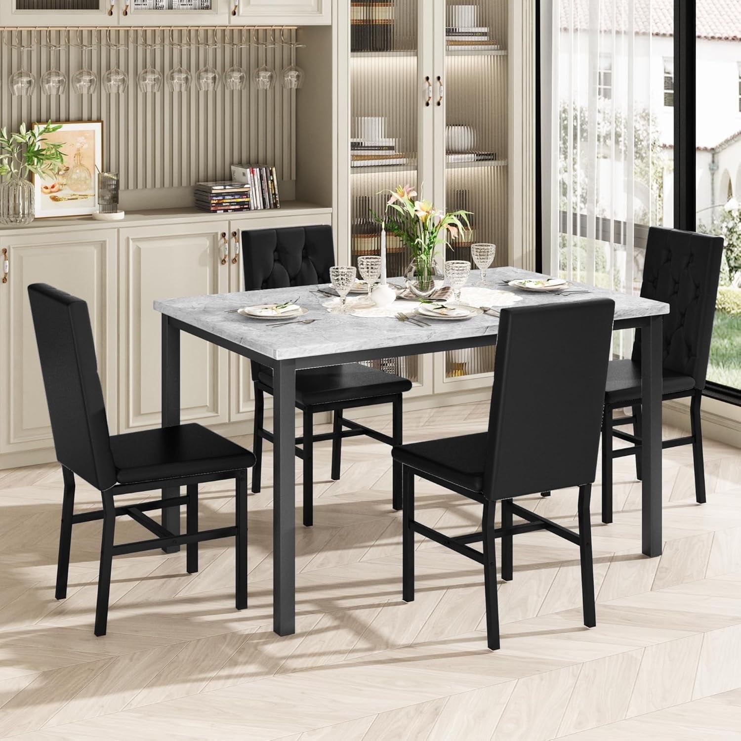 AWQM 5 Piece Dining Table Set, Faux Marble Kitchen Table and Chairs for 4, Dining Room Table Set with 4 PU Leather Chairs, White