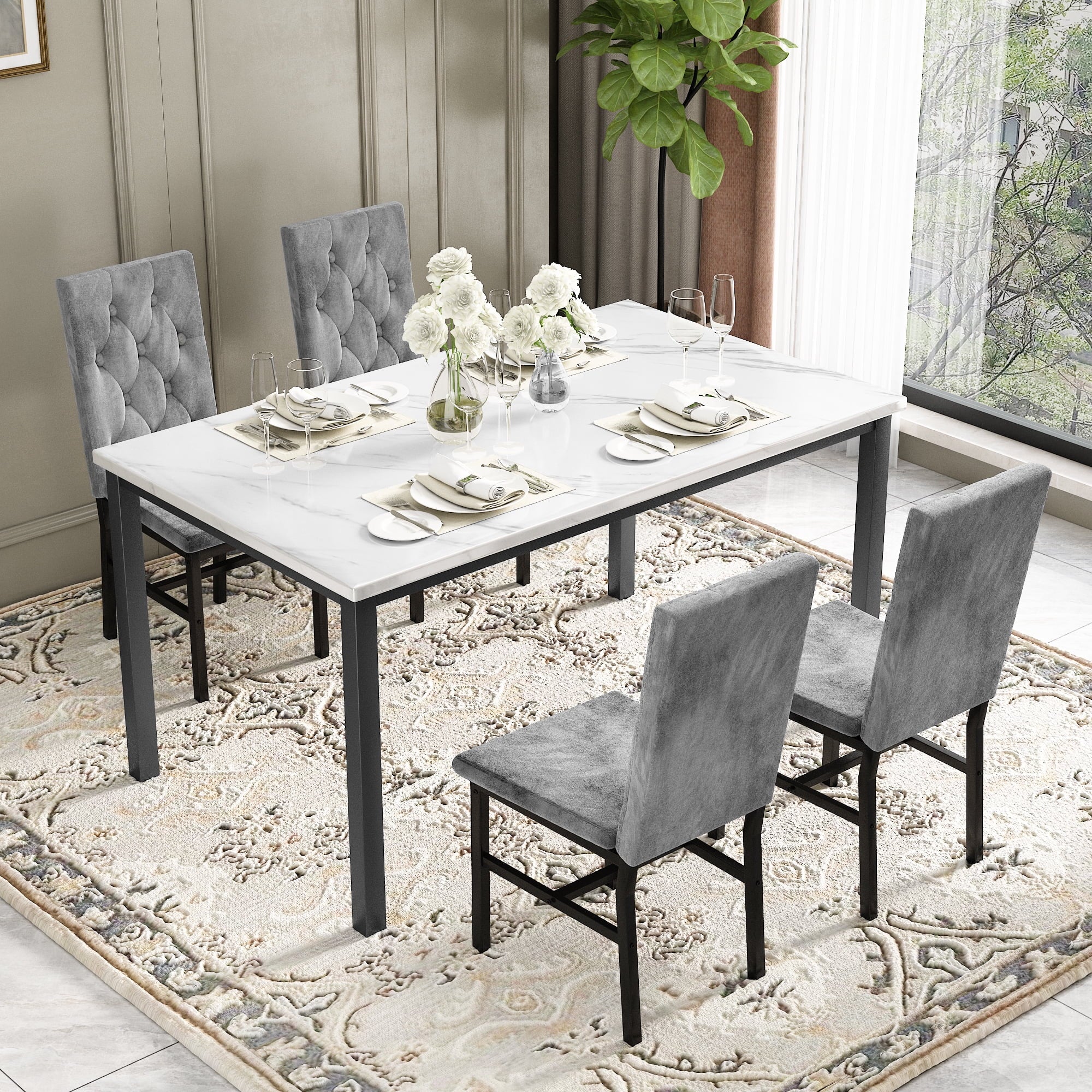 AWQM 5 Piece Dining Table Set, Faux Marble Kitchen Table and Chairs for 4, Dining Room Table Set with 4 PU Leather Chairs, White