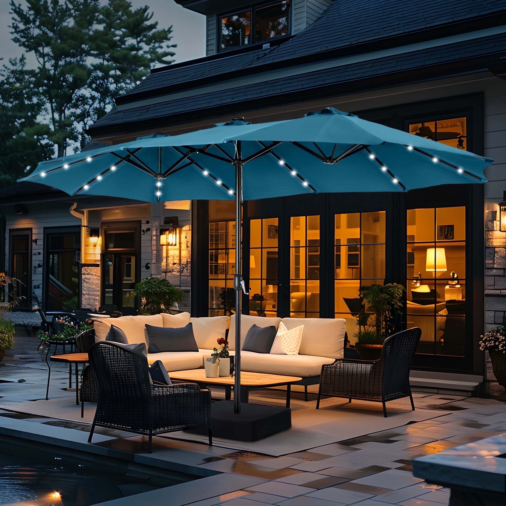 SUMMIT LIVING 15ft Double-Sided Solar Patio Umbrella with Base (Included) Large Outdoor Umbrella with Solar Lights - Beige