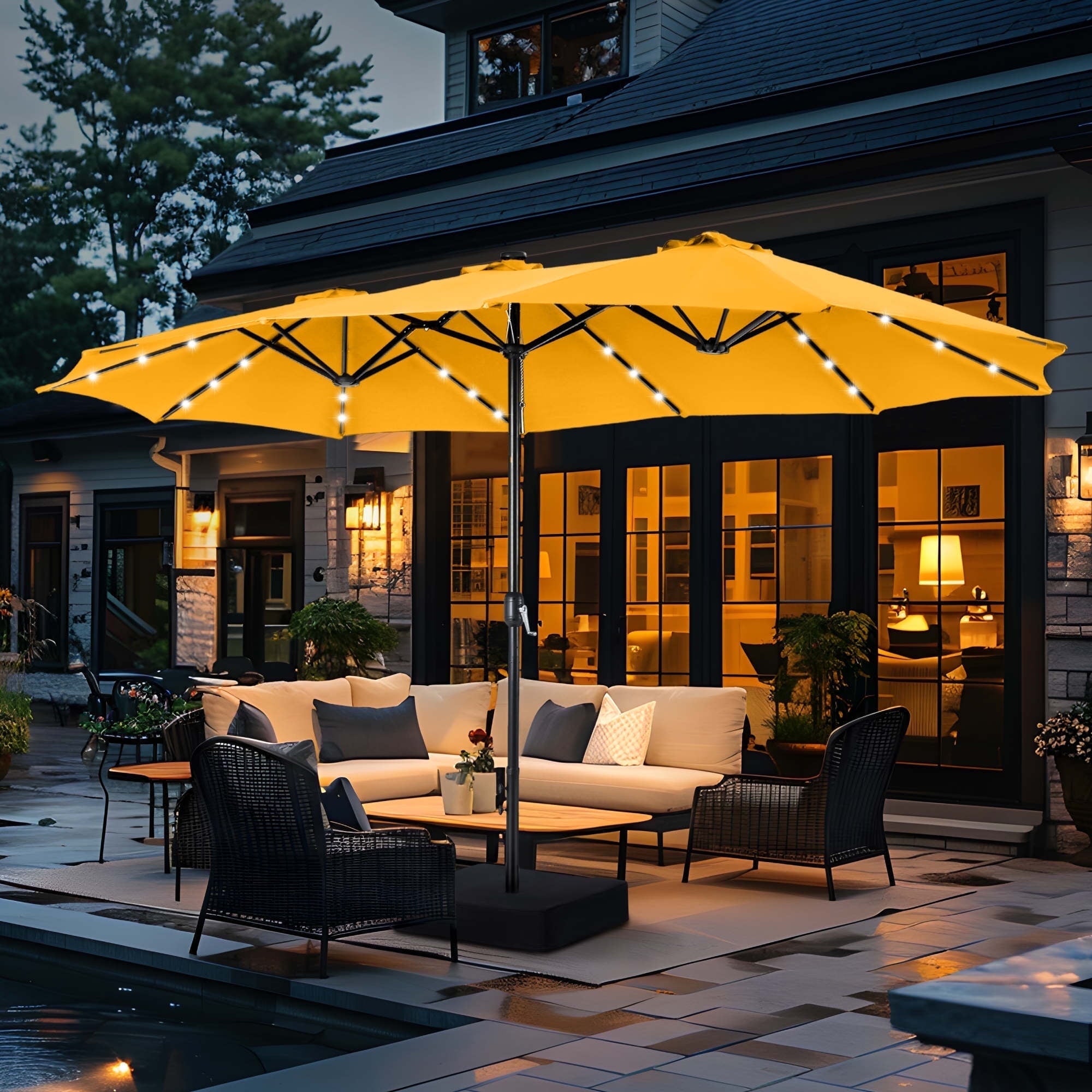 SUMMIT LIVING 15ft Double-Sided Solar Patio Umbrella with Base (Included) Large Outdoor Umbrella with Solar Lights - Beige