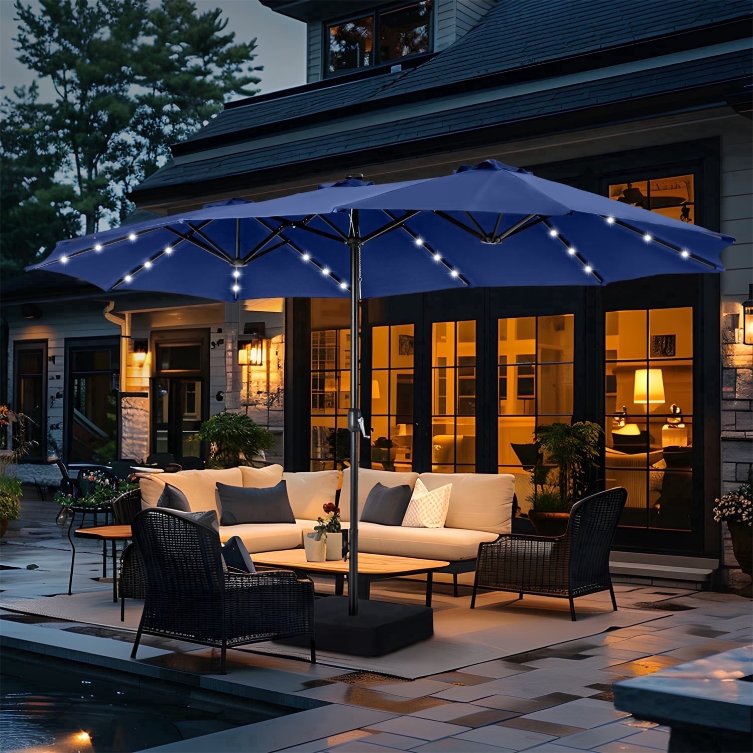 SUMMIT LIVING 15ft Double-Sided Solar Patio Umbrella with Base (Included) Large Outdoor Umbrella with Solar Lights - Beige