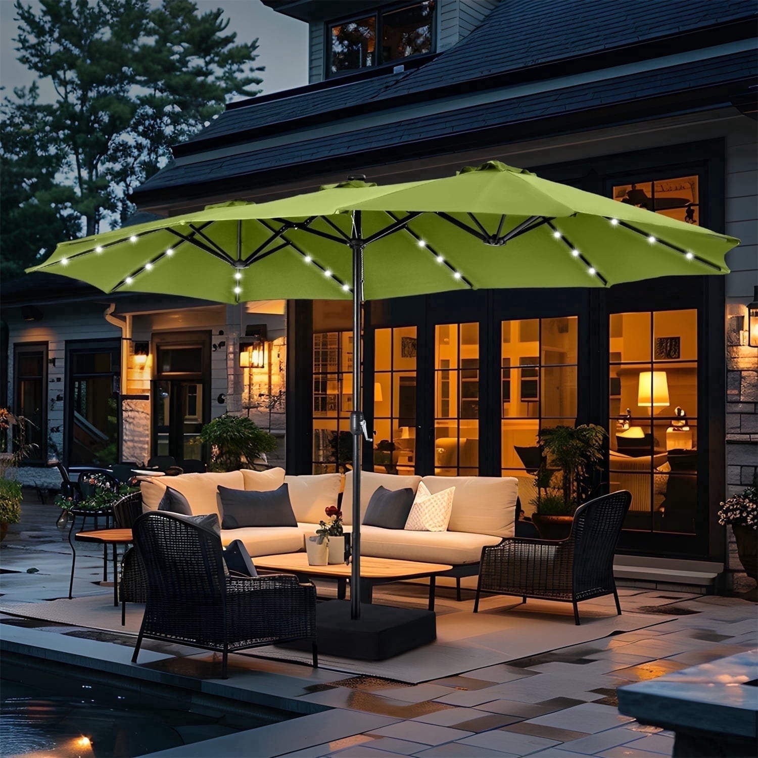 SUMMIT LIVING 15ft Double-Sided Solar Patio Umbrella with Base (Included) Large Outdoor Umbrella with Solar Lights - Beige