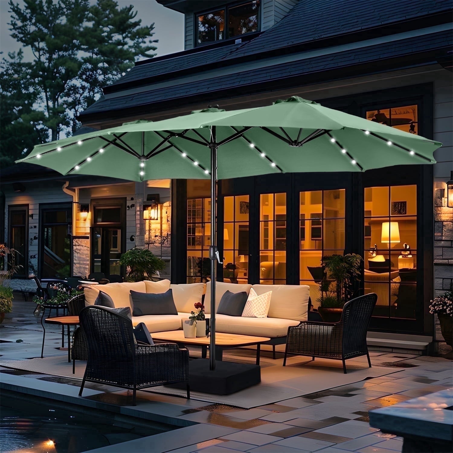 SUMMIT LIVING 15ft Double-Sided Solar Patio Umbrella with Base (Included) Large Outdoor Umbrella with Solar Lights - Beige