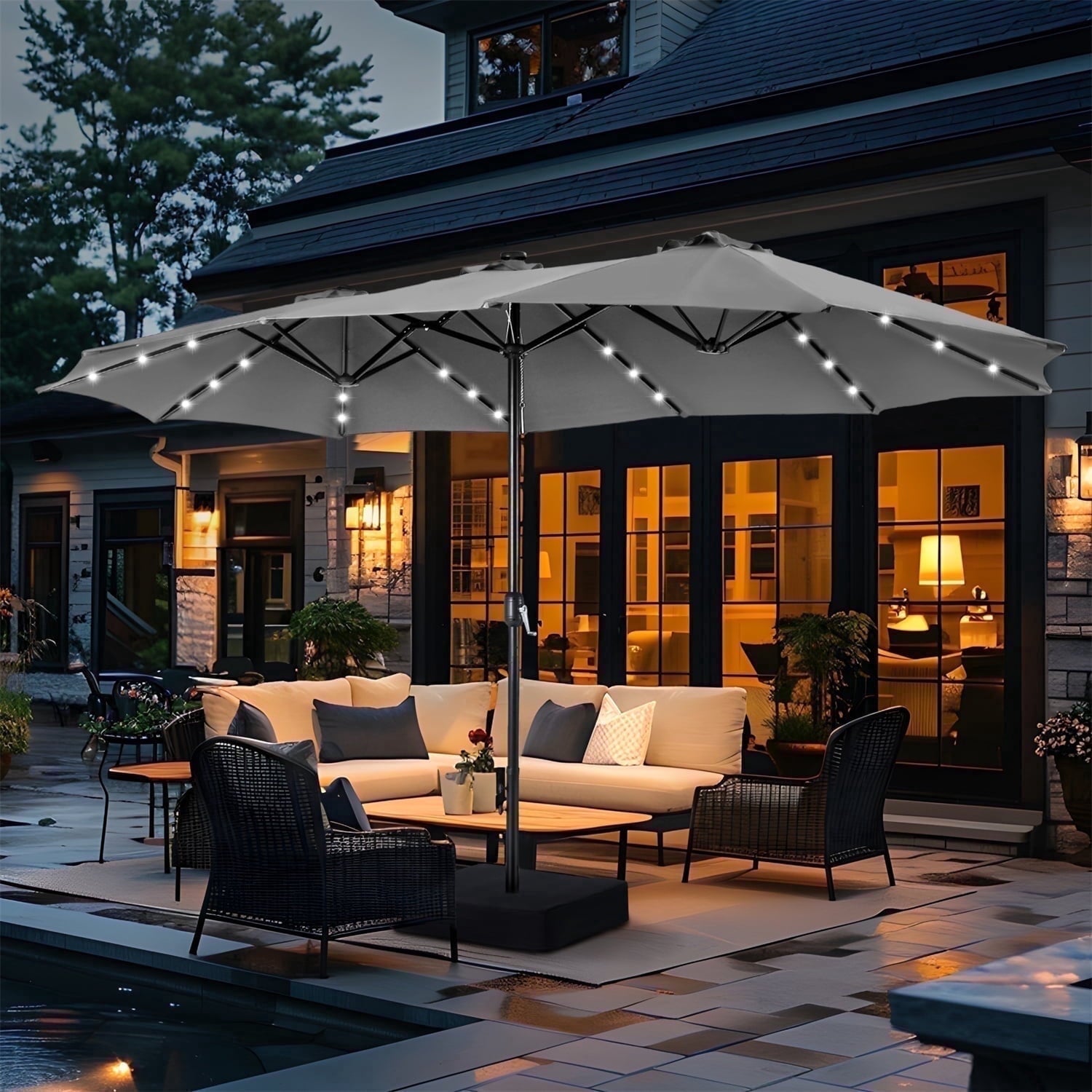 SUMMIT LIVING 15ft Double-Sided Solar Patio Umbrella with Base (Included) Large Outdoor Umbrella with Solar Lights - Beige
