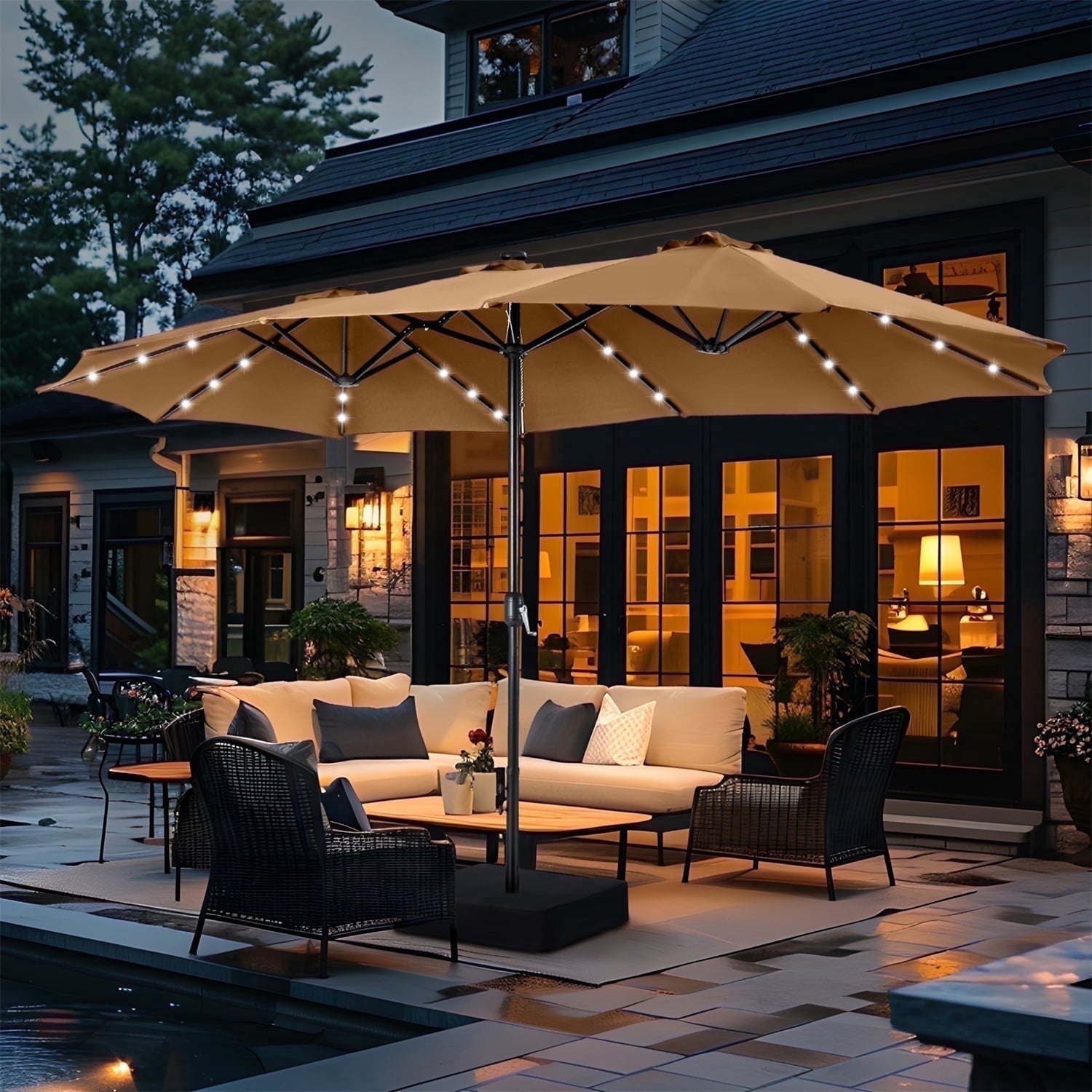 SUMMIT LIVING 15ft Double-Sided Solar Patio Umbrella with Base (Included) Large Outdoor Umbrella with Solar Lights - Beige