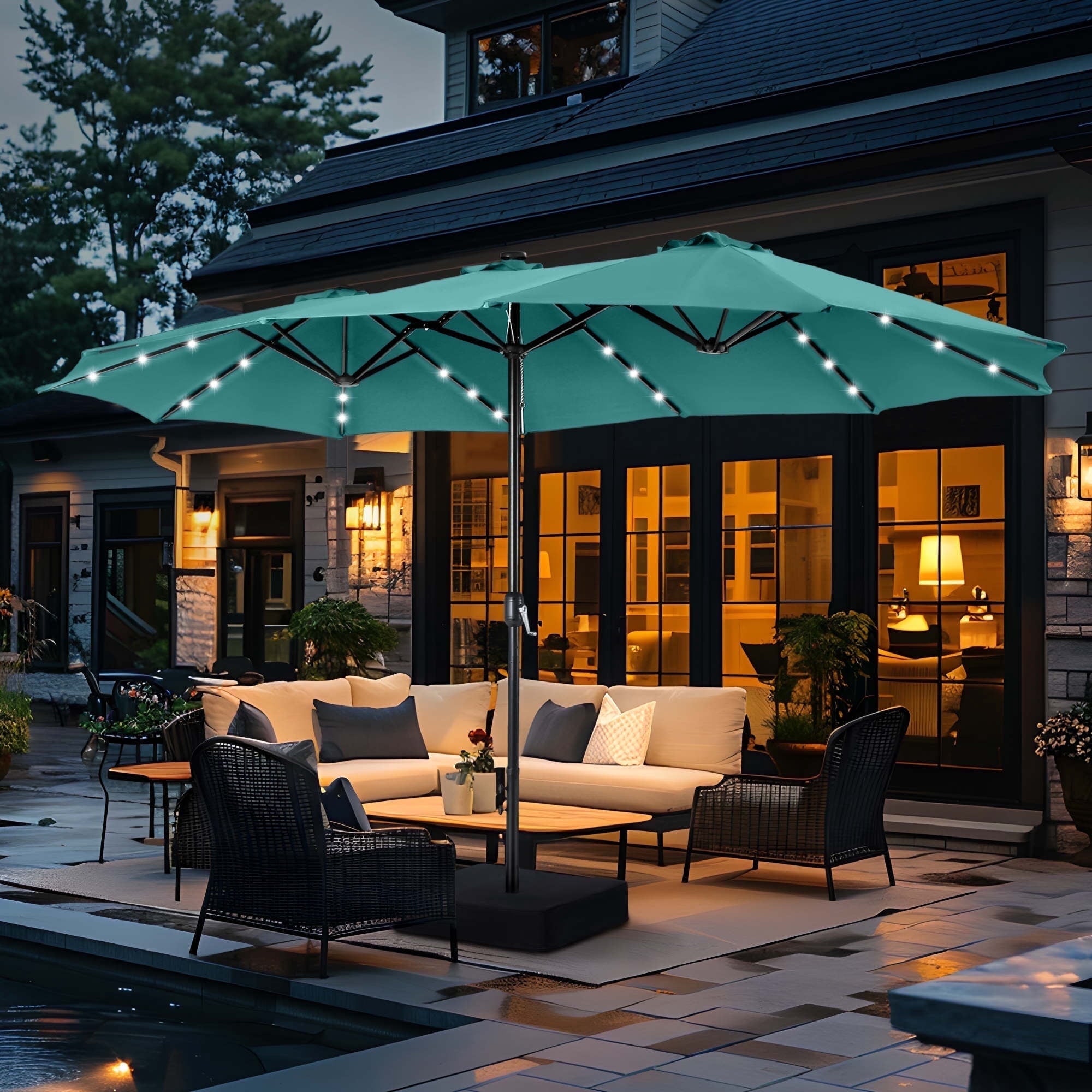 SUMMIT LIVING 15ft Double-Sided Solar Patio Umbrella with Base (Included) Large Outdoor Umbrella with Solar Lights - Beige