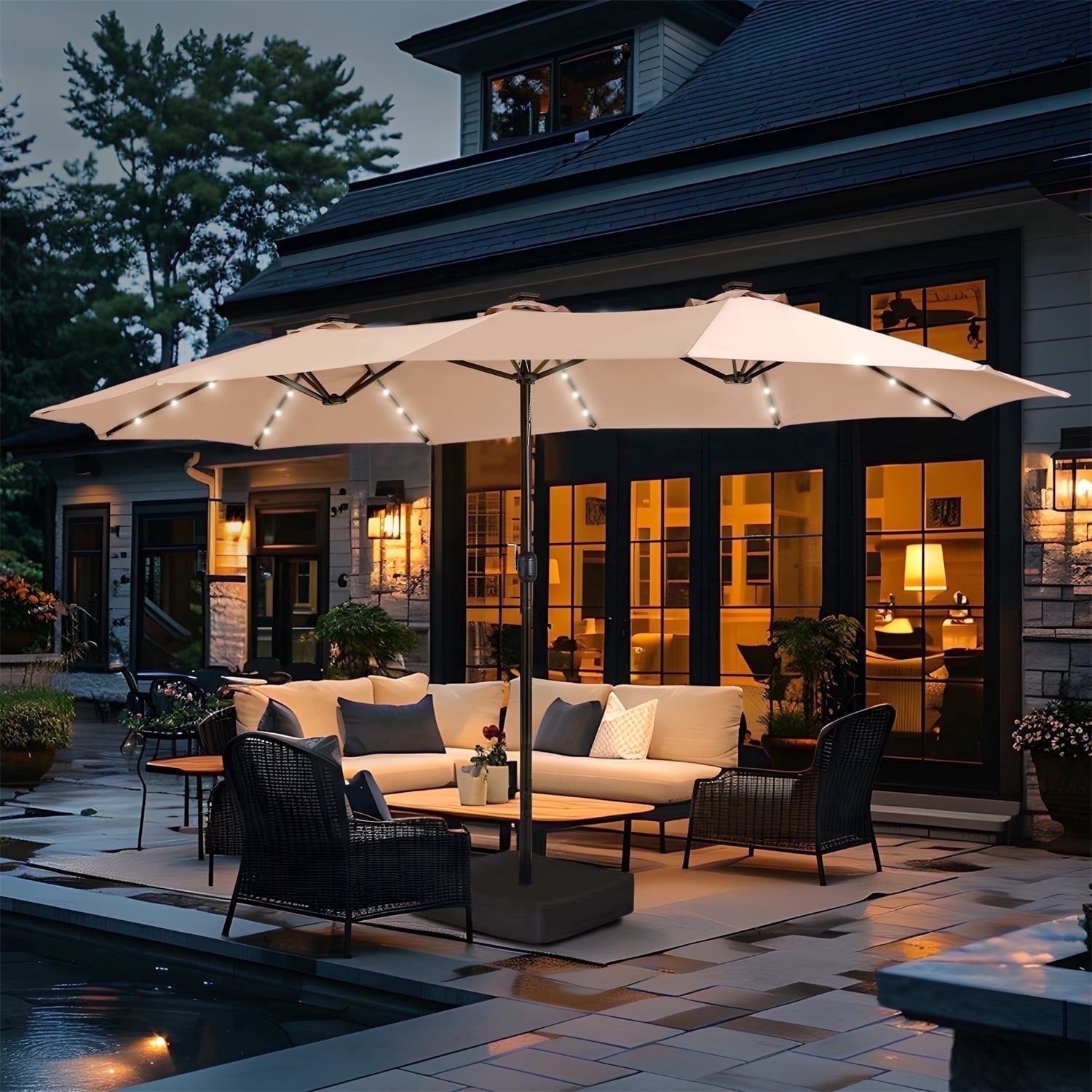 SUMMIT LIVING 15 FT Double-Sided Solar Patio Umbrella with Base Large Outdoor Umbrella with LED Solar Lights - Haze Blue