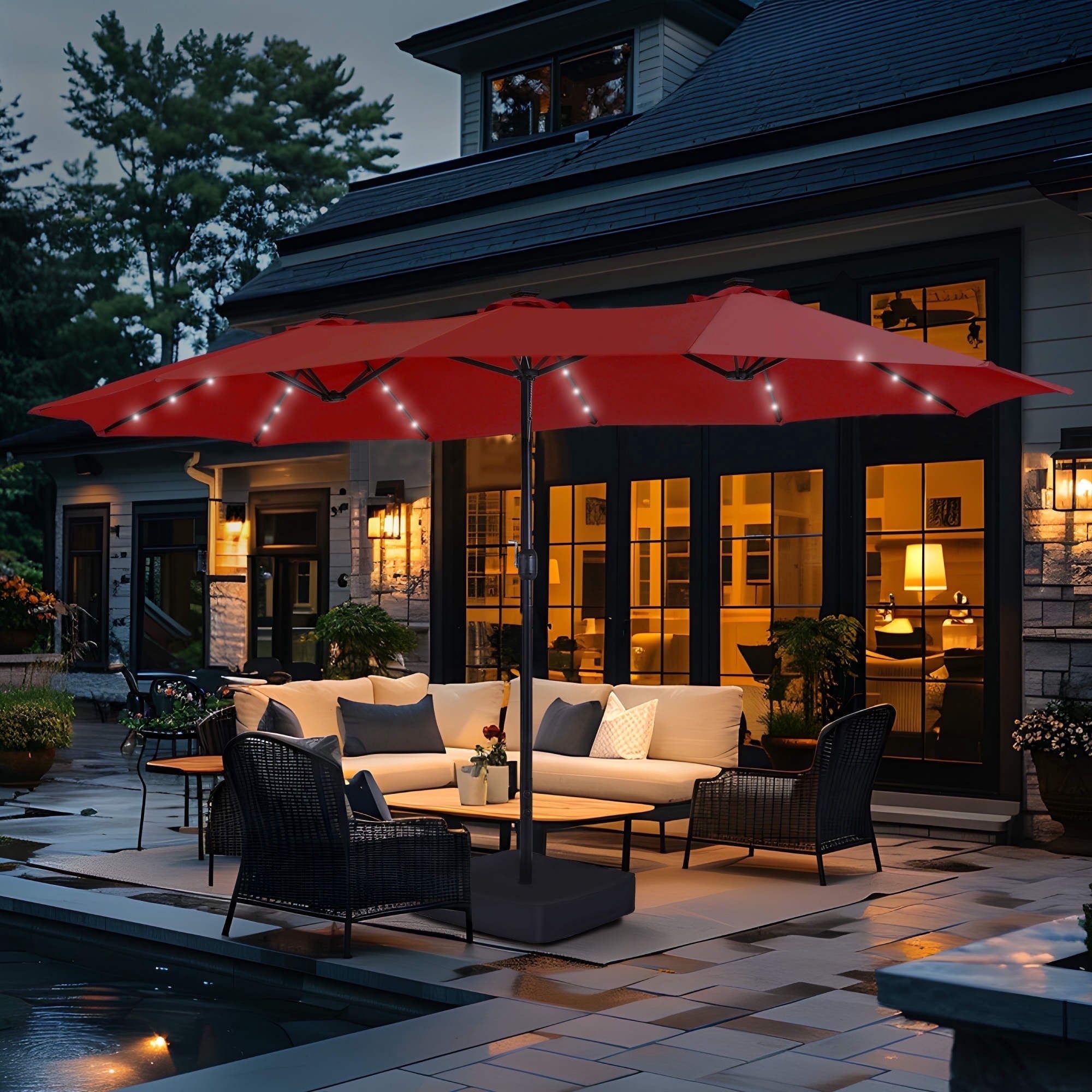 SUMMIT LIVING 15ft Double-Sided Solar Patio Umbrella with Base (Included) Large Outdoor Umbrella with Solar Lights - Beige