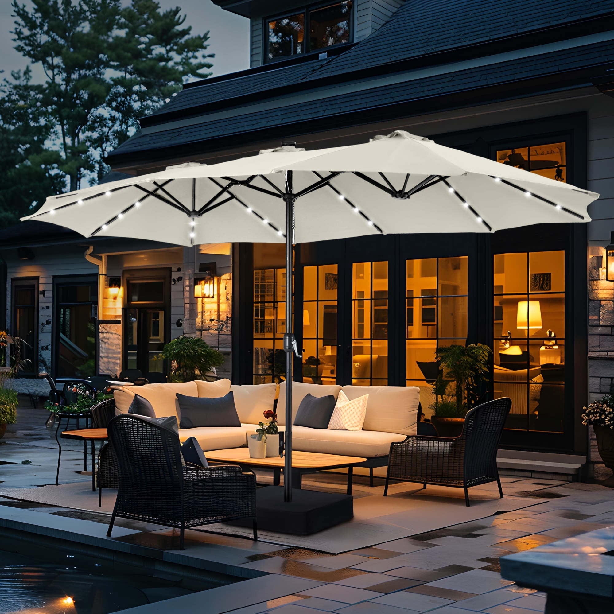 SUMMIT LIVING 15 FT Double-Sided Solar Patio Umbrella with Base Large Outdoor Umbrella with LED Solar Lights - Haze Blue