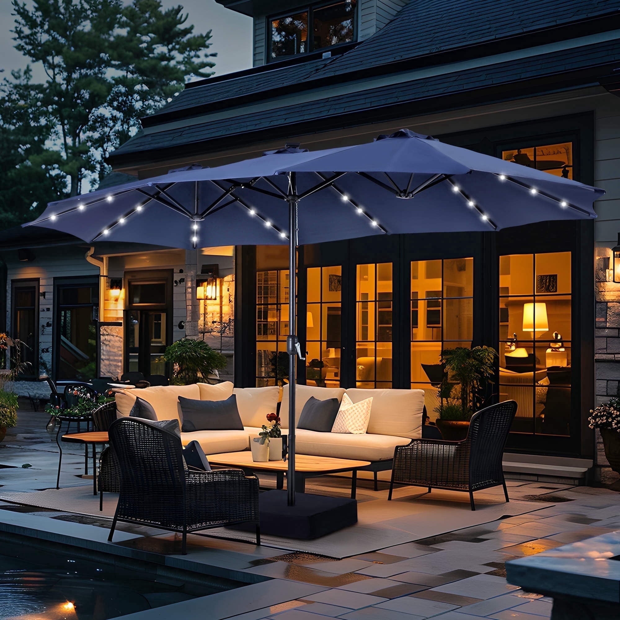 SUMMIT LIVING 15ft Double-Sided Solar Patio Umbrella with Base (Included) Large Outdoor Umbrella with Solar Lights - Beige