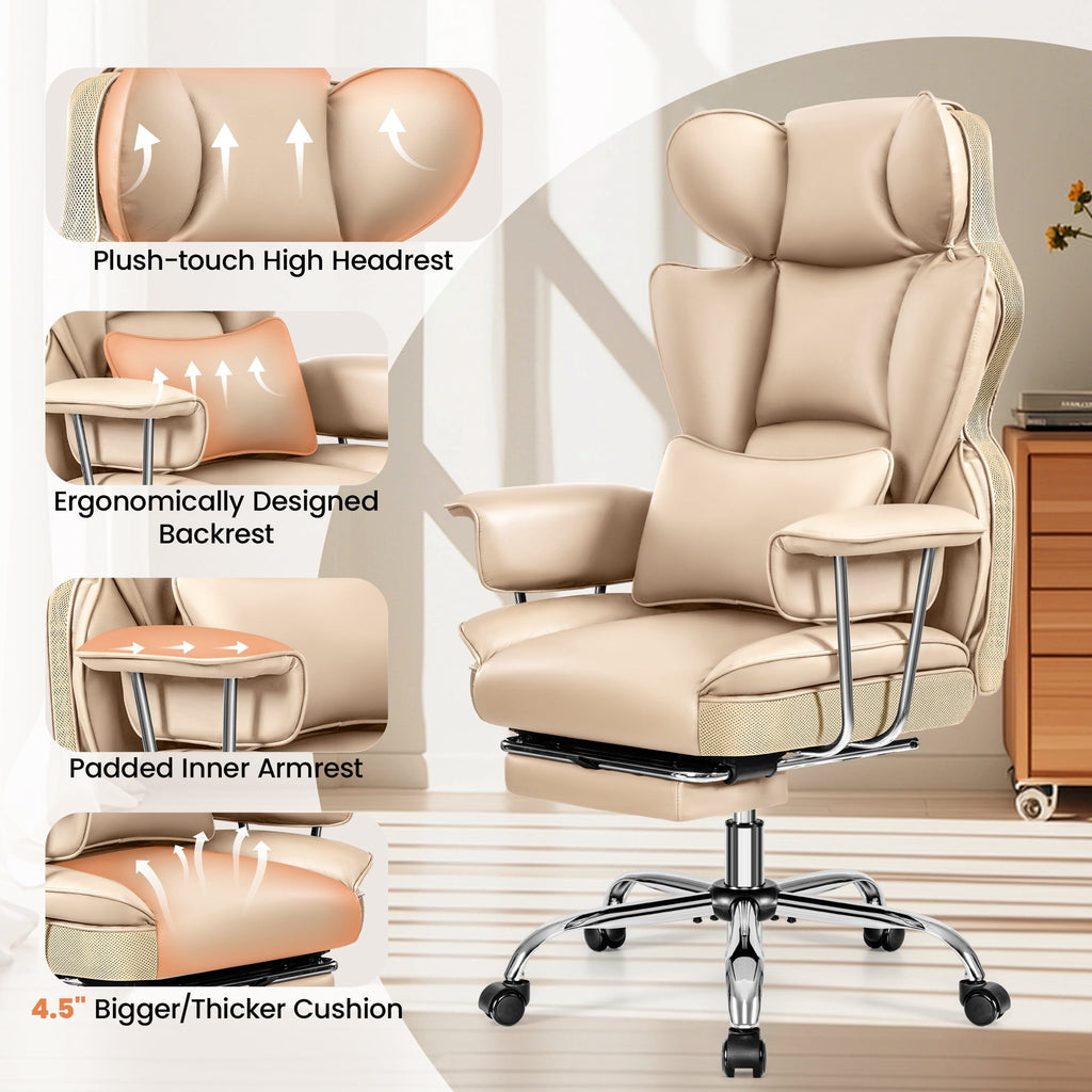 Primy High Back Office Chair, Big and Tall PU Leather Executive Chair with Footrest – Ergonomic Reclining Computer Desk Chair, High-Density Foam, Heavy Duty Swivel Rolling Chair, Black