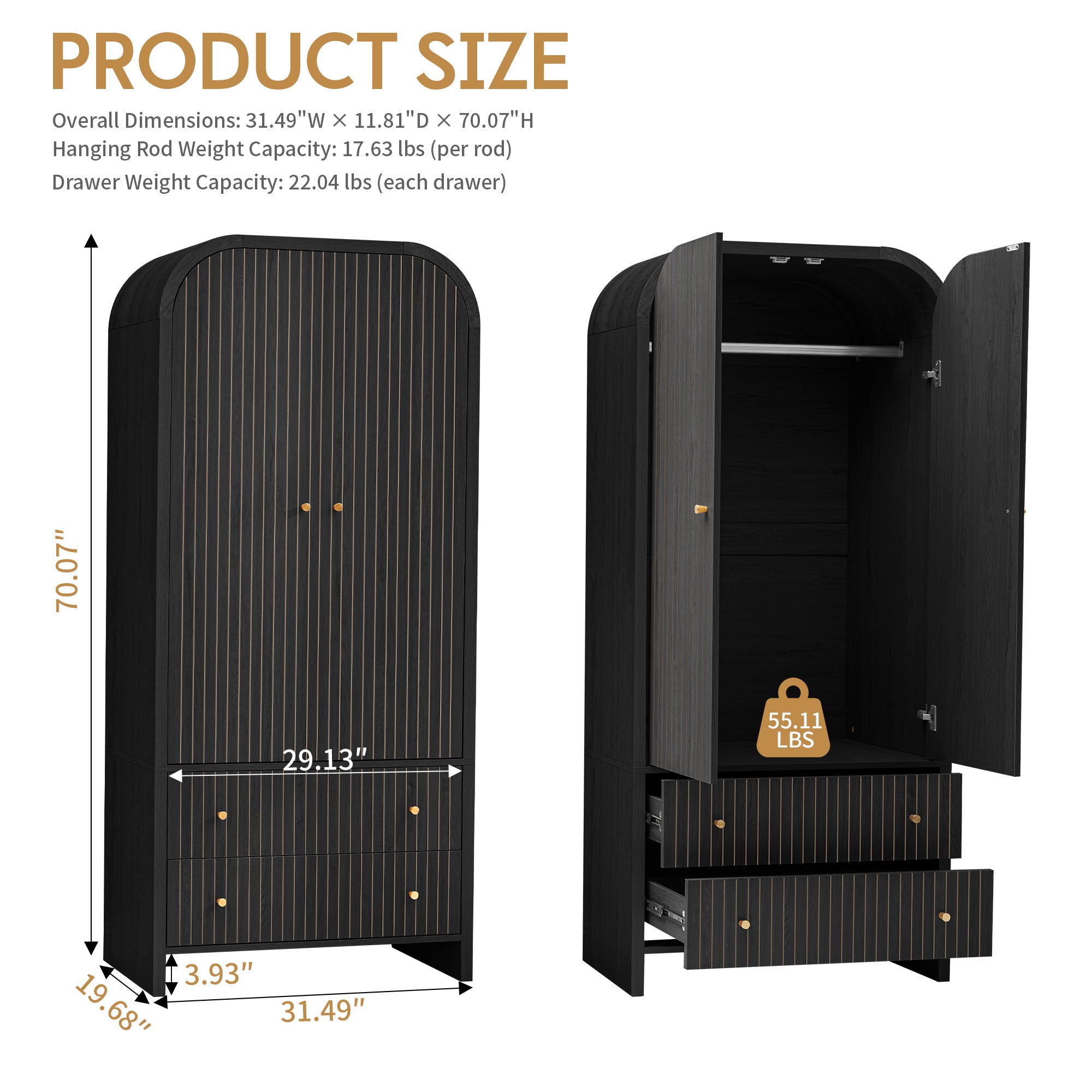 Wirrytor Freestanding Wooden Armoire Wardrobe with 2 Woven Doors and Storage Drawers, Space-Saving Closet Cabinet for Bedroom, Sturdy Mdf Board Closet with Hanging Rail